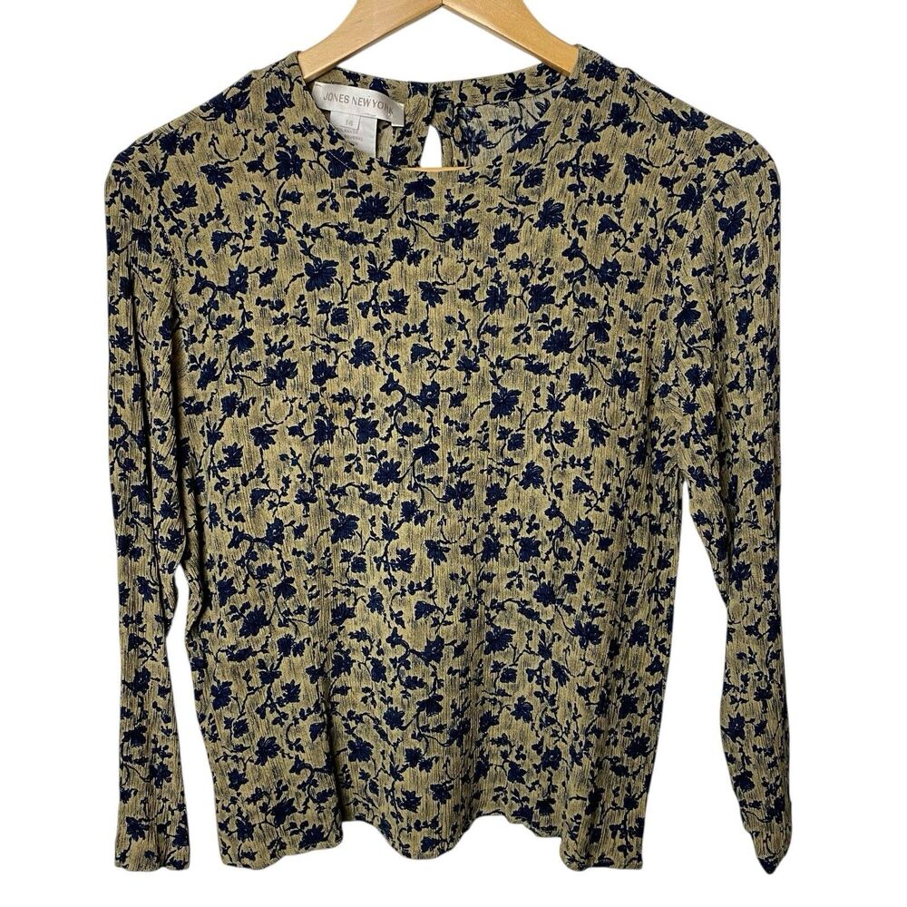 Vintage Jones New York Floral Rayon Top Women 14 (Fits M) Blue Beige Y2K Cottage